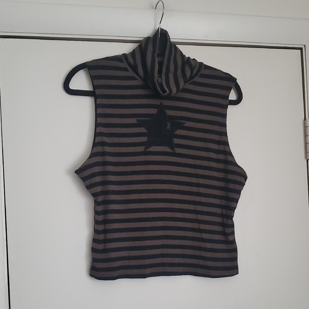 Hot Topic Black and Green Striped Star Fishnet Turtleneck Tank Top